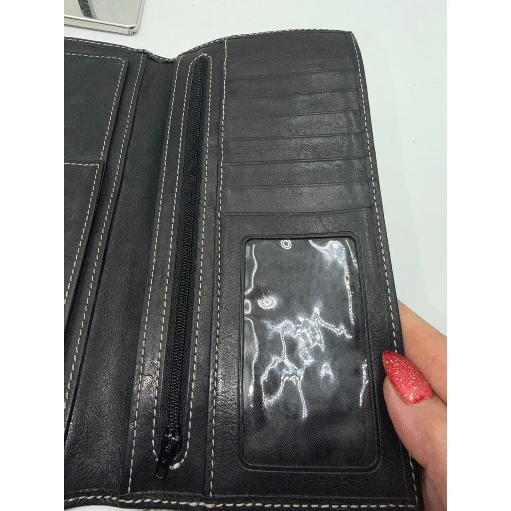 Nautica Mens Black Leather Trifold Checkbook Wallet with Contrast Stitching